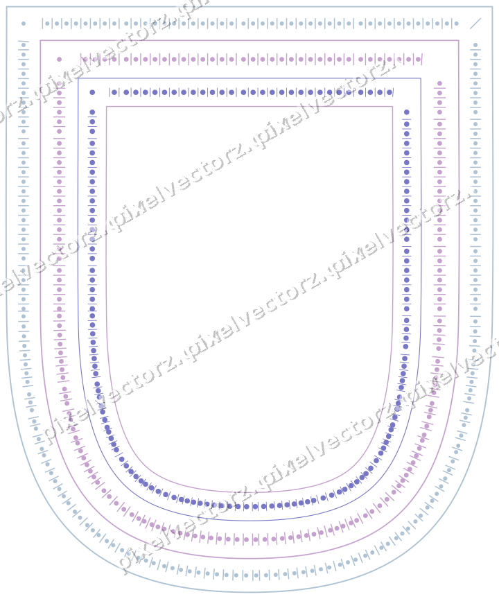 Dekorativer Zierrahmen in Violett und Blau mit Wappen und Perlenreihe
