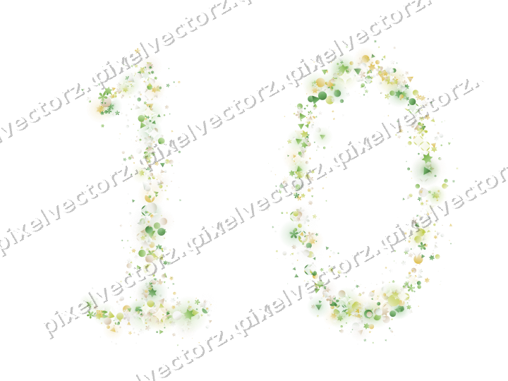 Nahtlose Glitzerzahl 10 aus Sternen und Blüten auf transparentem Grund