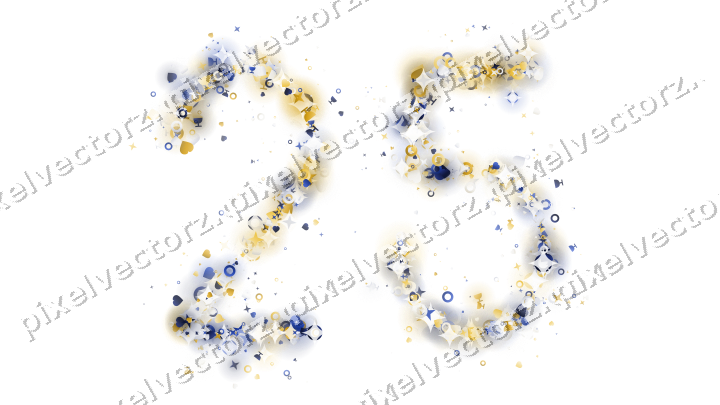 Nahtlose Glitzerzahl 25 aus Sternen und Herzen auf transparentem Grund