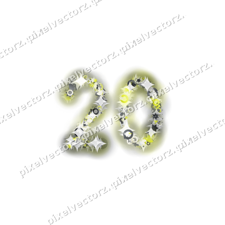 Nahtlose Glitzerzahl 20 in Gelb und Grau auf transparentem Grund