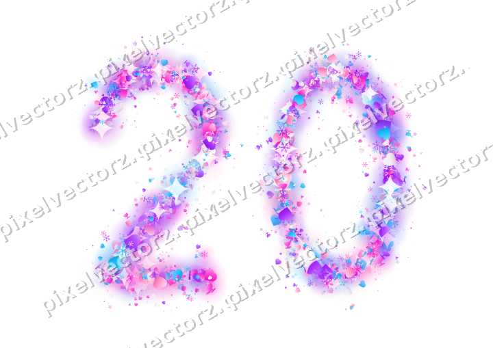 Nahtlose Glitzerzahl 20 in Magenta und Violett auf transparentem Grund