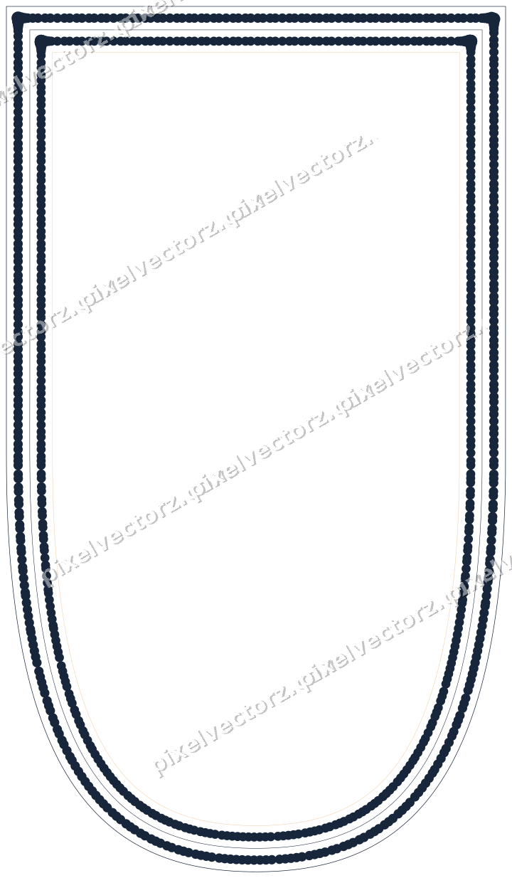 Decorative line art frame in dark blue and orange with shield