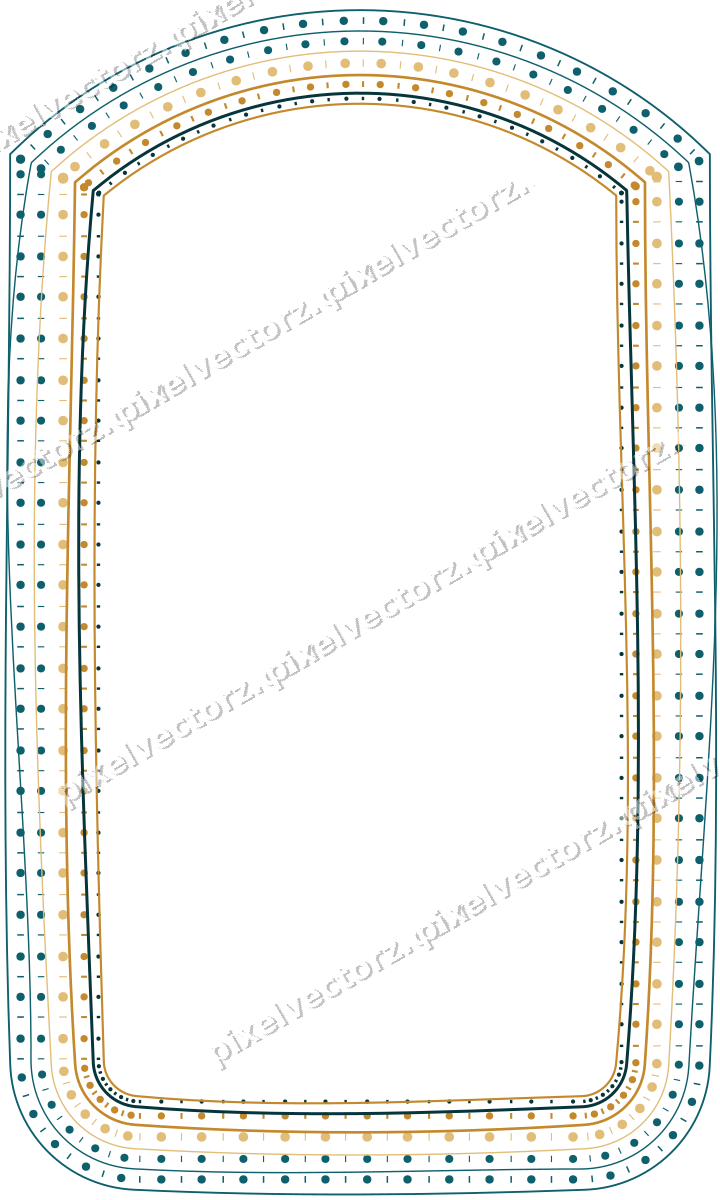 Decorative line art frame in amber and dark teal with label plaque