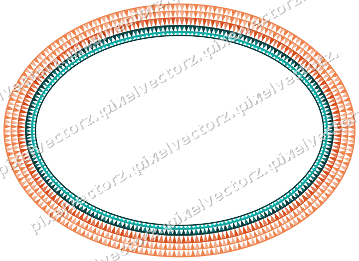 Decorative line art frame in orange and teal with oval and dentil