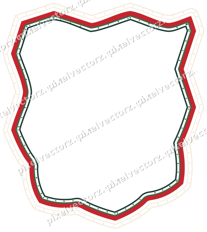 Decorative line art frame in dark green and red with shield