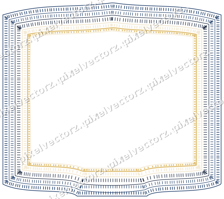 Decorative line art frame in dark blue and amber with label plaque