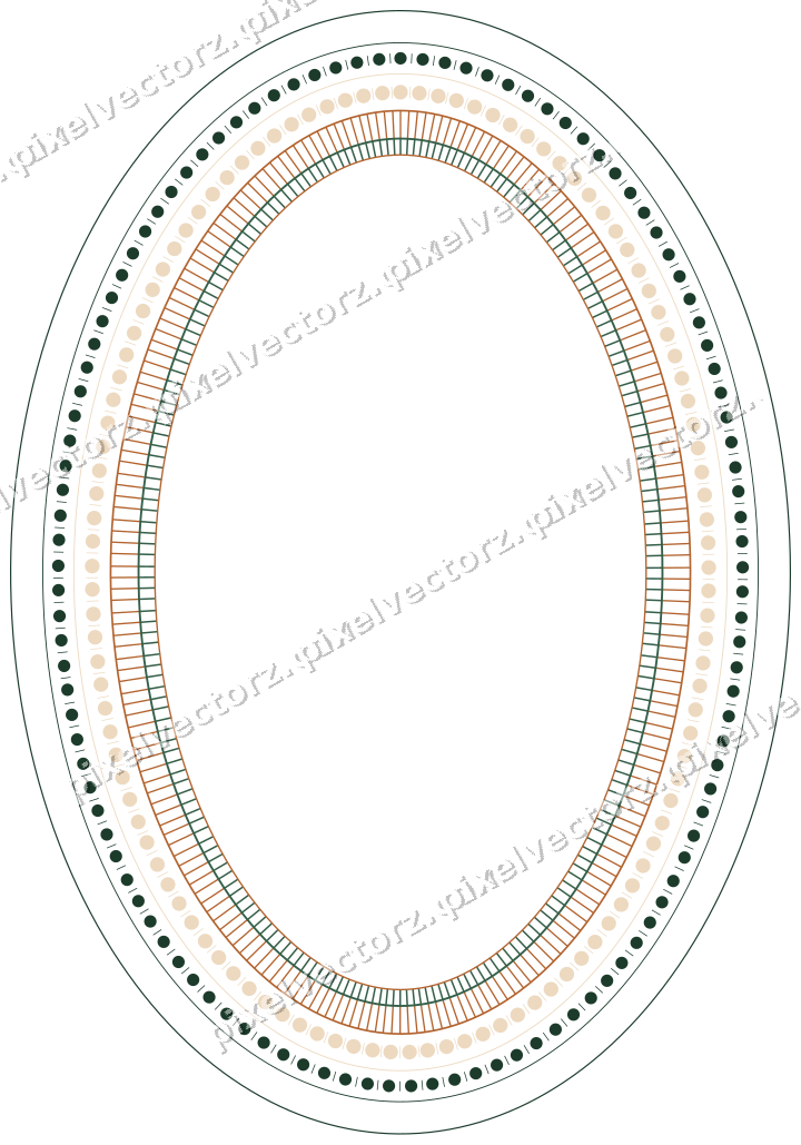 Decorative line art frame in dark green and orange with oval