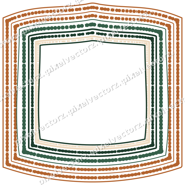Decorative line art frame in dark green and orange with label plaque