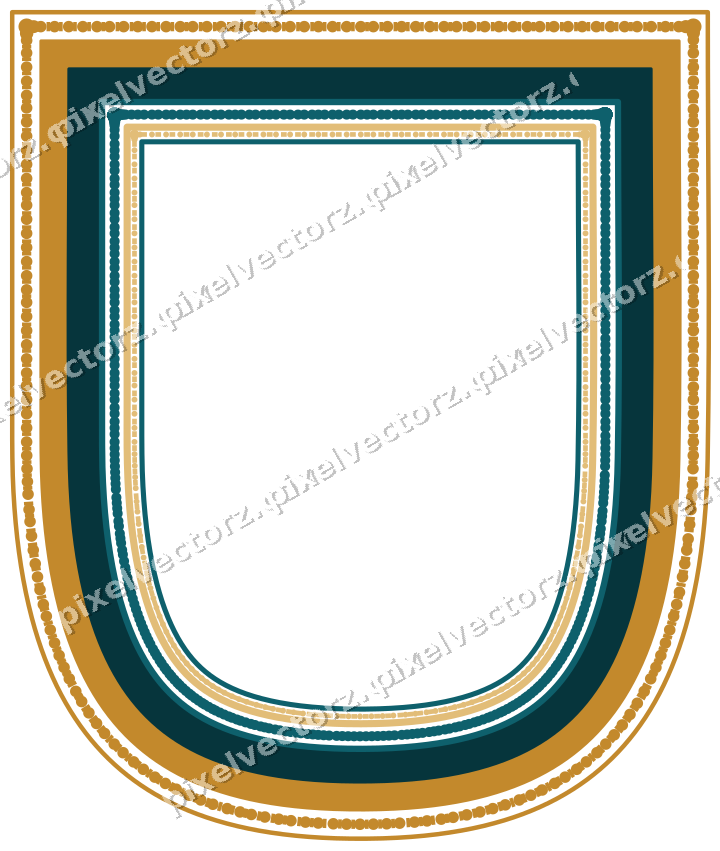 Decorative line art frame in amber and dark teal with shield