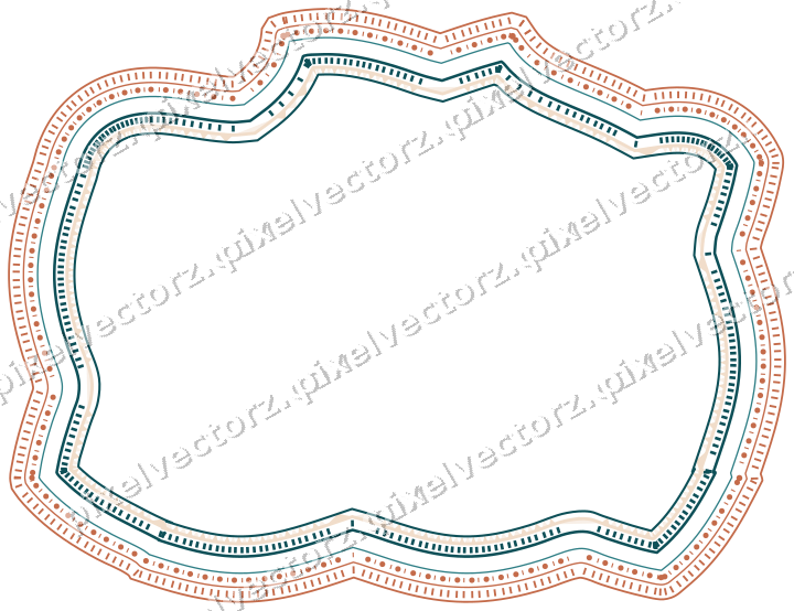 Decorative line art frame in dark teal and orange with label plaque