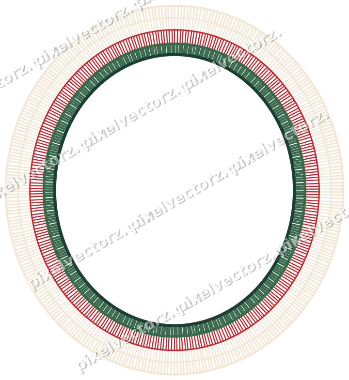 Decorative line art frame in dark green and red with oval and hatching