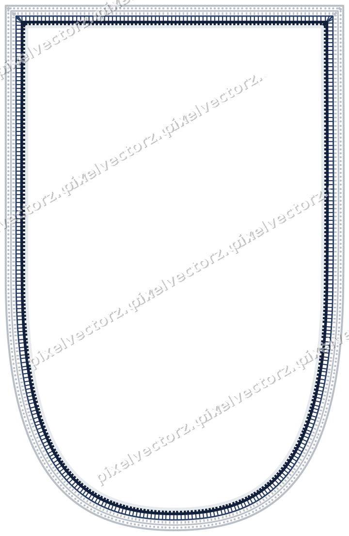 Decorative line art frame in dark blue and white with shield
