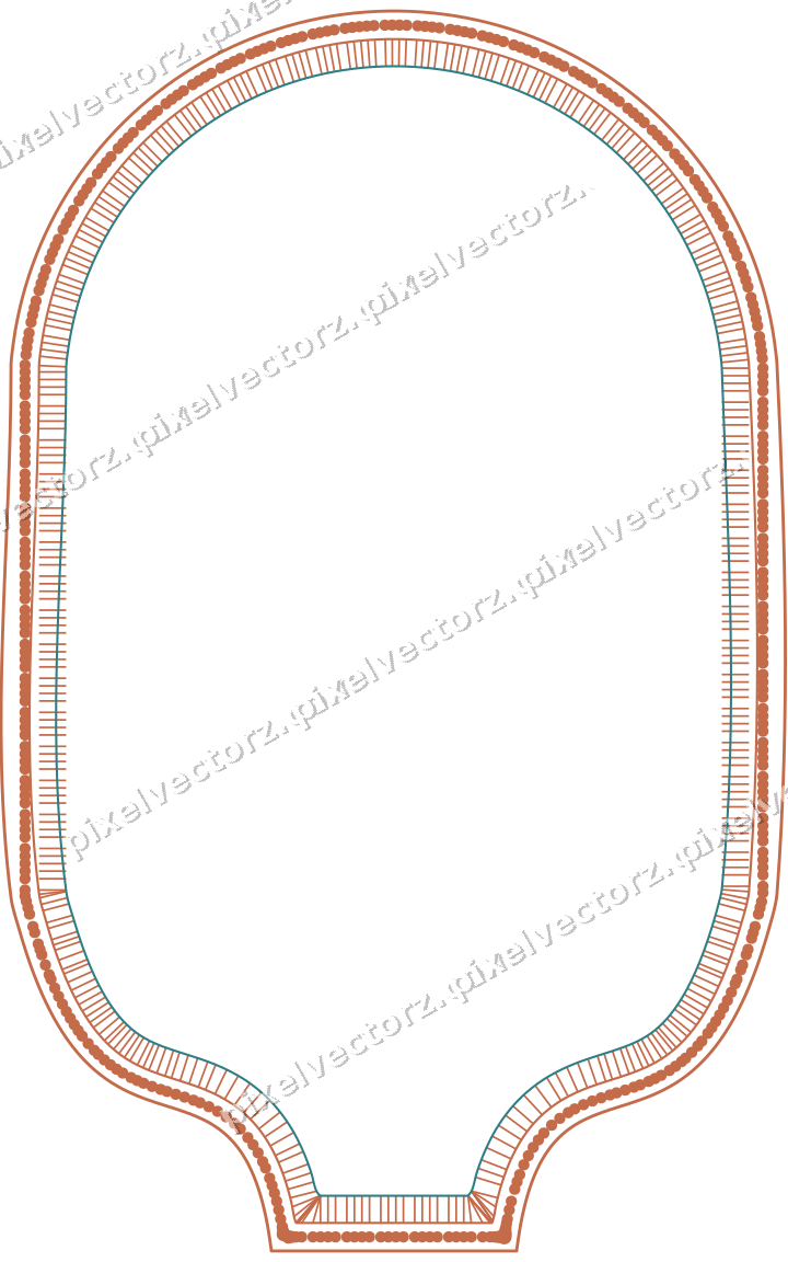 Decorative line art frame in dark teal and orange with label plaque