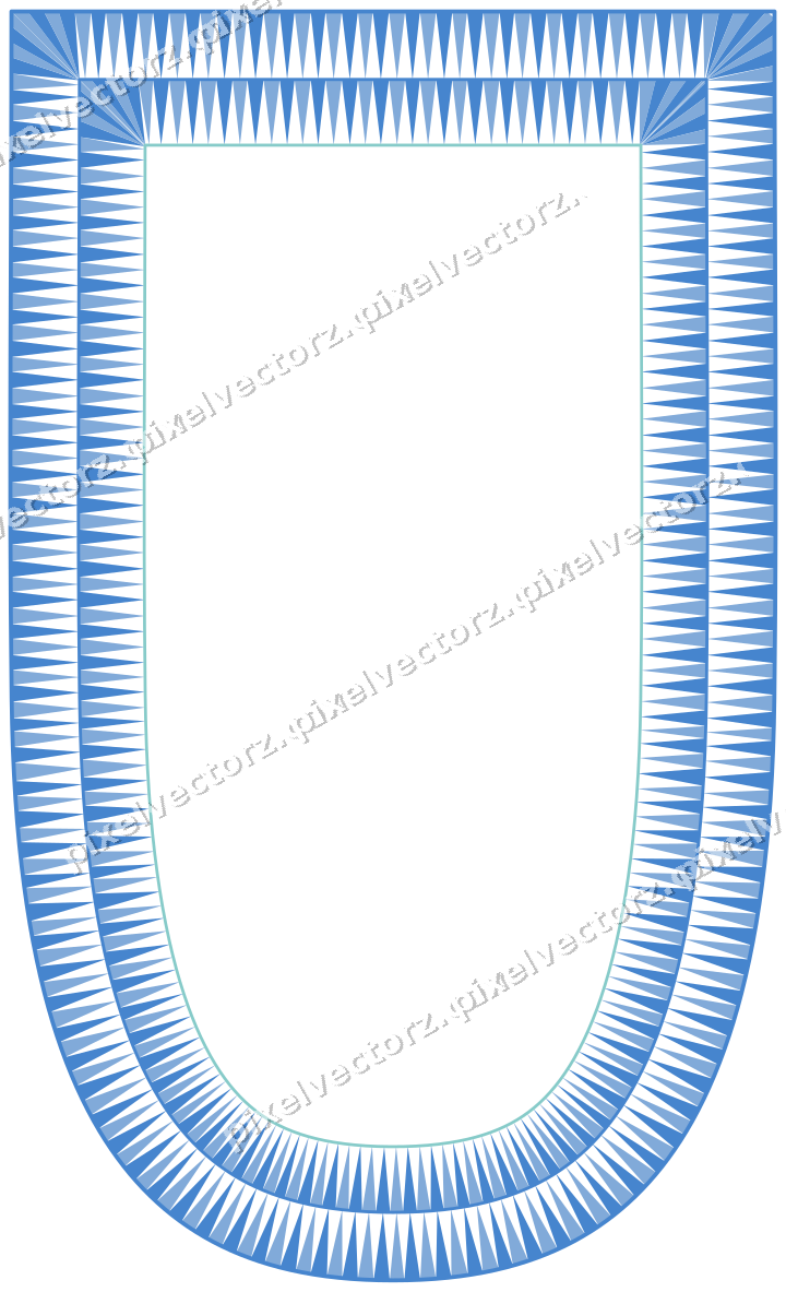 Decorative line art frame in blue and cyan with shield and dentil