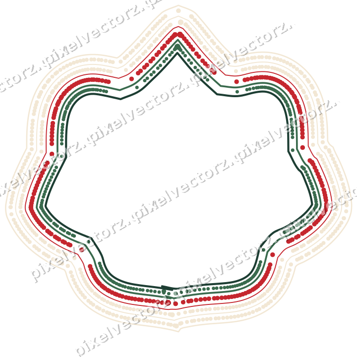 Decorative line art frame in dark green and red with label plaque