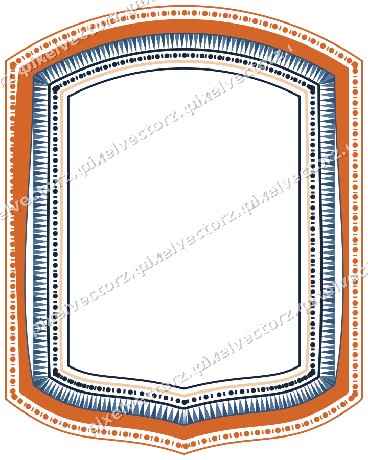 Decorative line art frame in dark blue and orange with label plaque