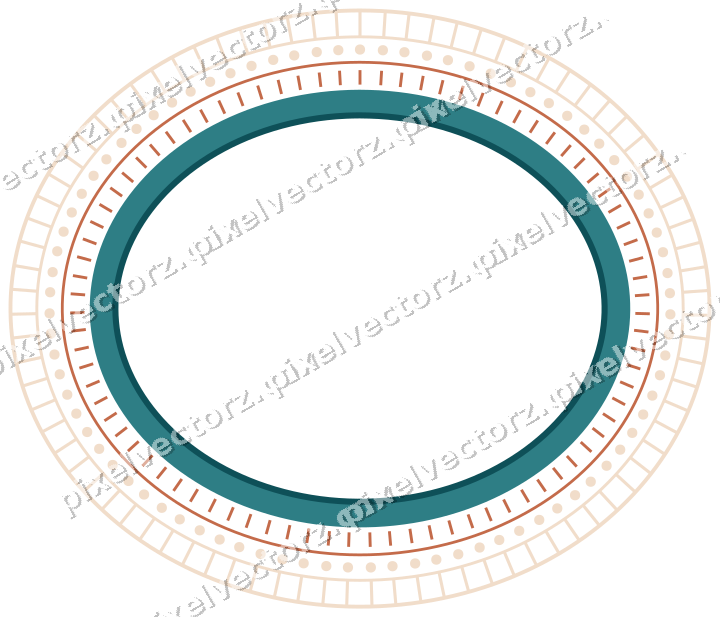 Decorative line art frame in dark teal and orange with oval