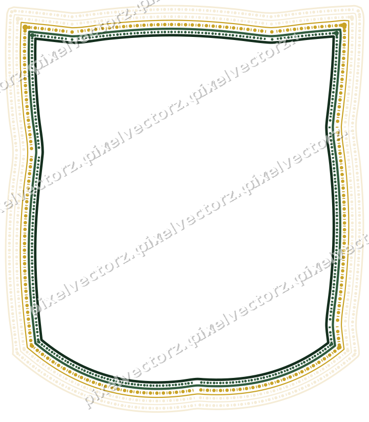 Decorative line art frame in dark green and amber with label plaque