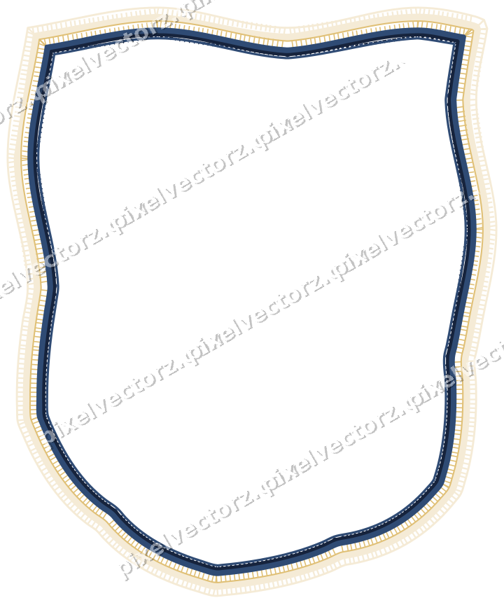 Decorative line art frame in dark blue and amber with shield
