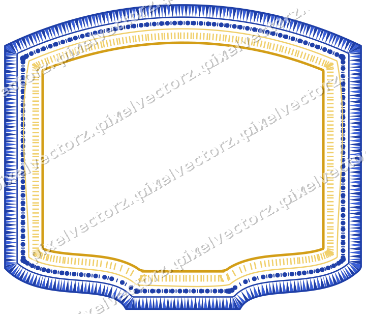 Decorative line art frame in amber and blue with label plaque
