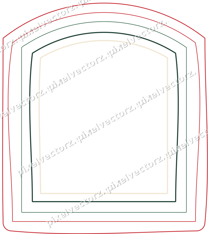 Decorative line art frame in dark green and red with label plaque
