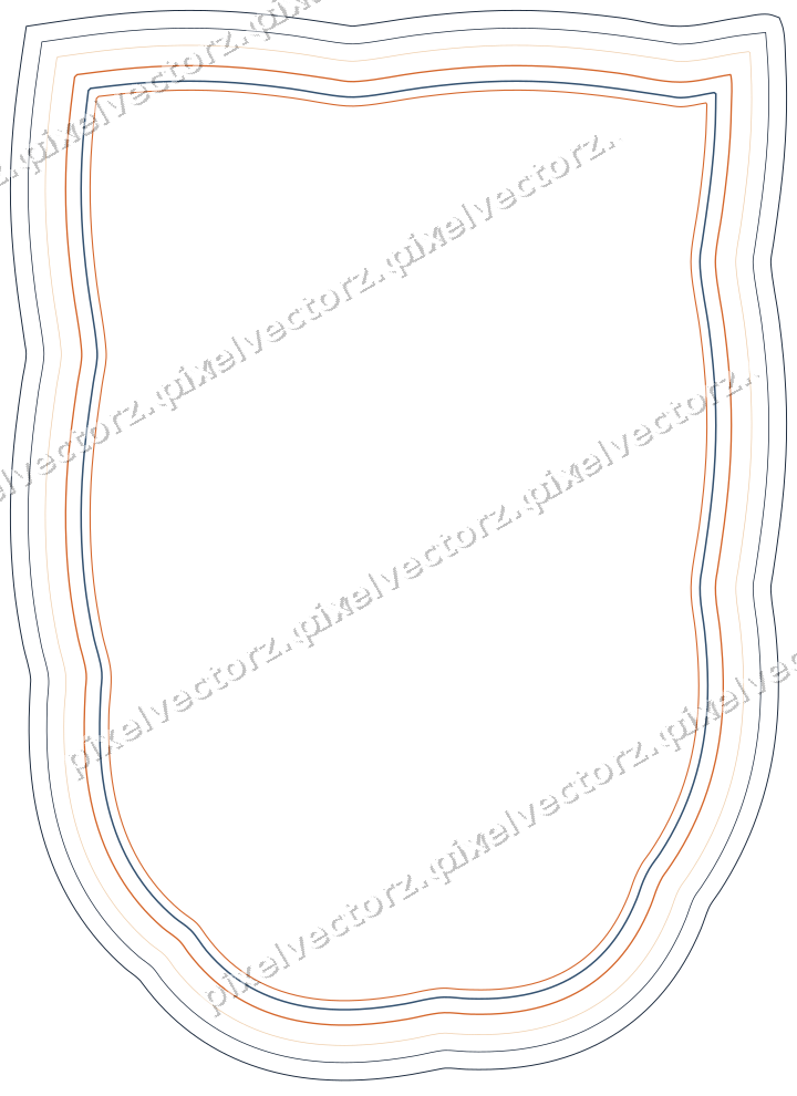 Decorative line art frame in dark blue and orange with shield