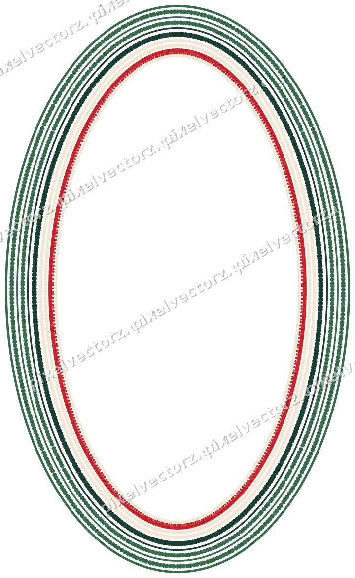 Decorative line art frame in dark green and red with oval