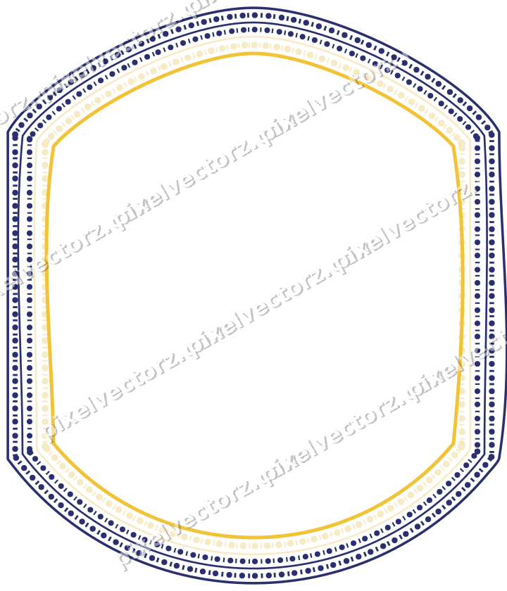 Decorative line art frame in dark blue and amber with label plaque
