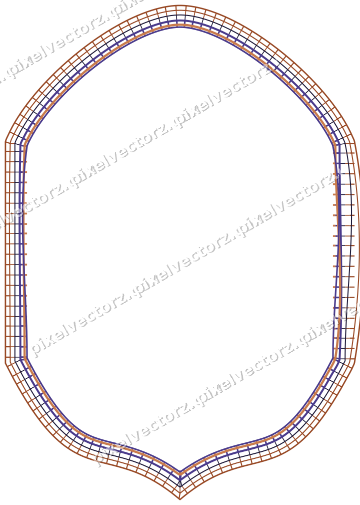 Decorative line art frame in orange and blue with label plaque