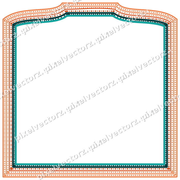 Decorative line art frame in orange and teal with label plaque