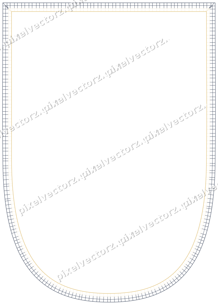 Decorative line art frame in dark blue and amber with shield