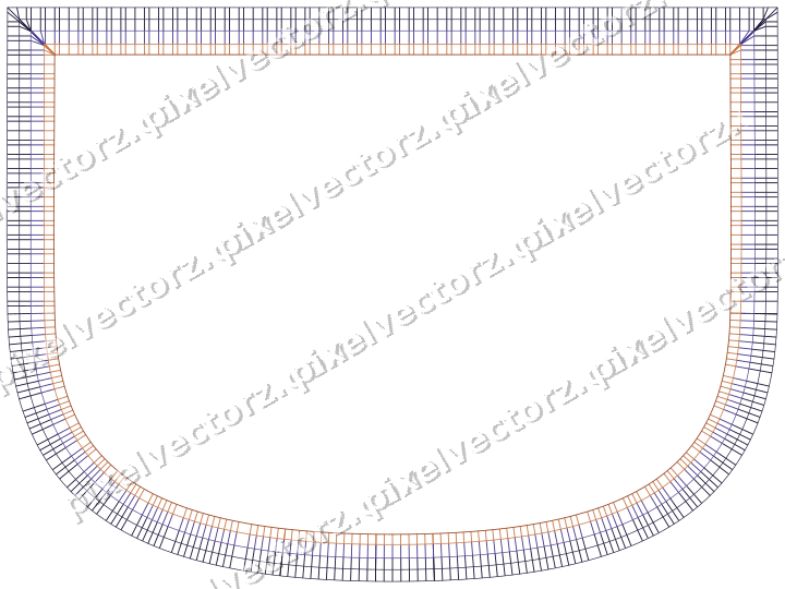 Decorative line art frame in orange and blue with shield and hatching