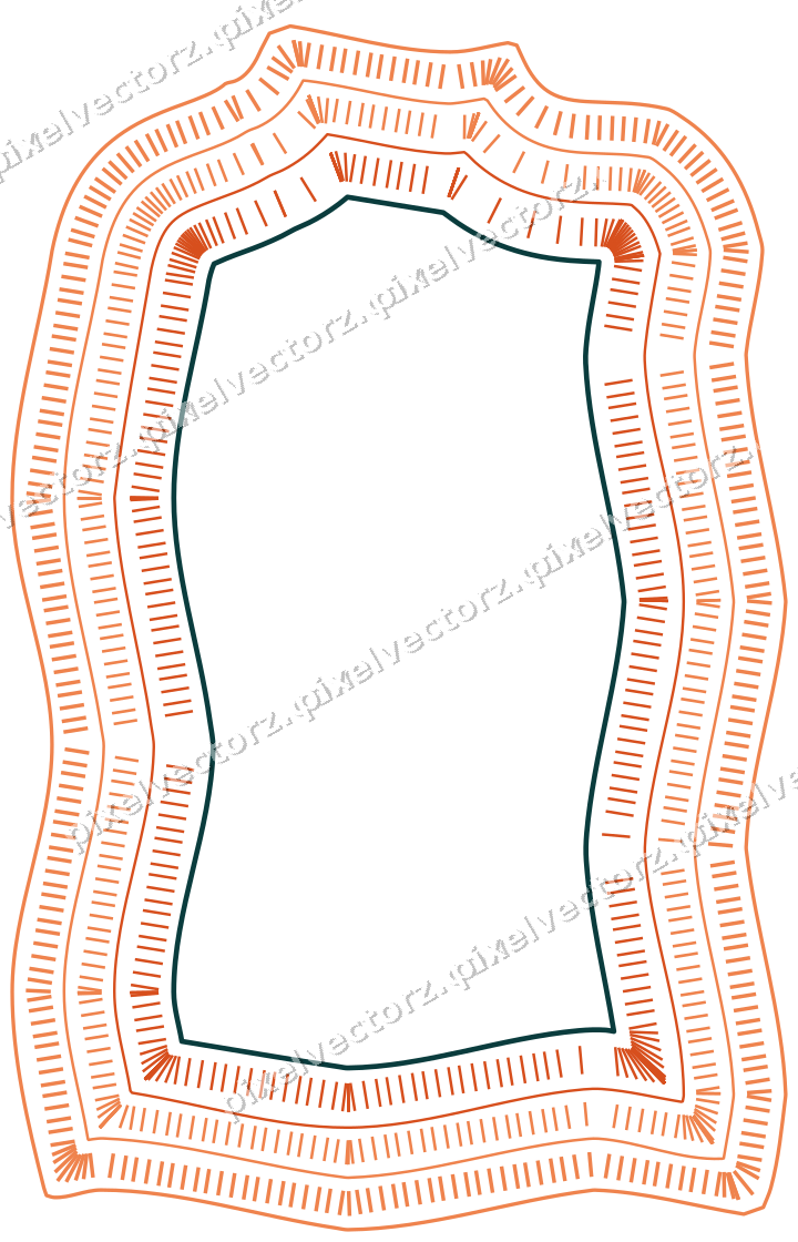 Decorative line art frame in orange and teal with label plaque