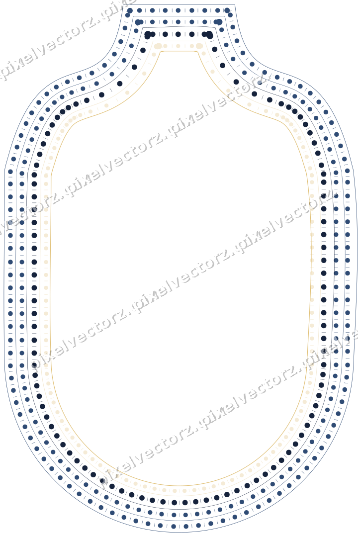 Decorative line art frame in dark blue and amber with label plaque