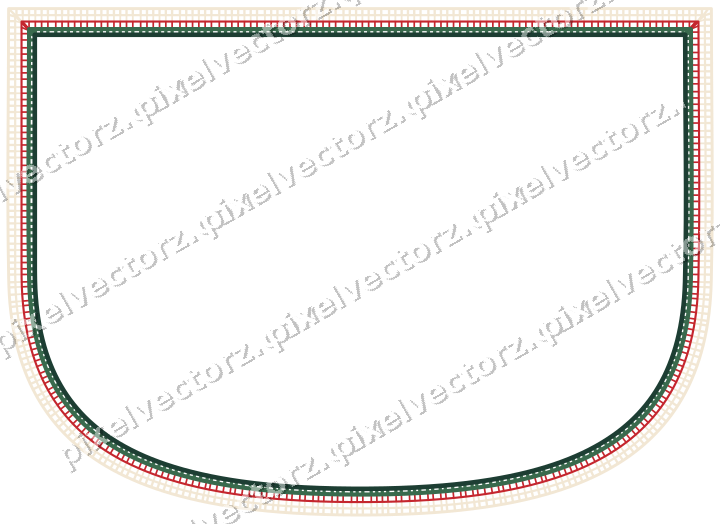 Decorative line art frame in dark green and red with shield