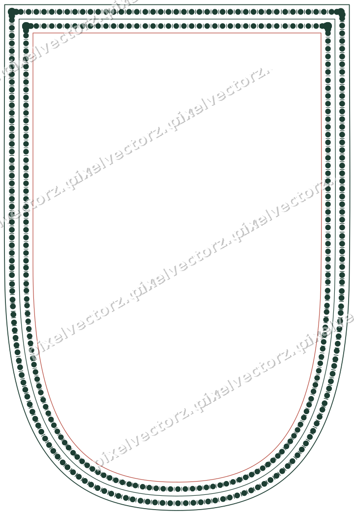 Decorative line art frame in dark red and dark green with shield