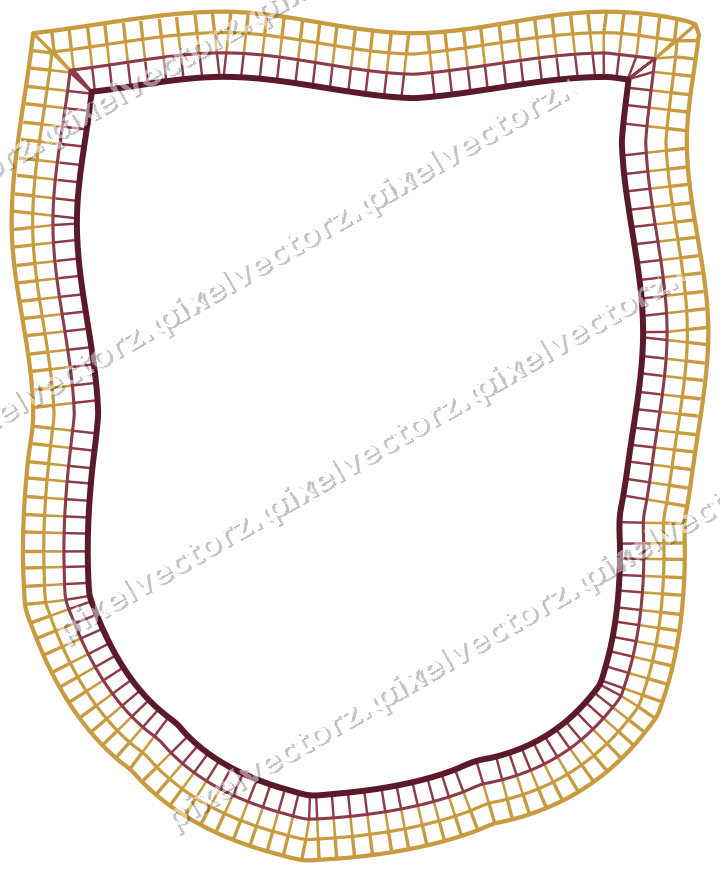 Decorative line art frame in dark pink and amber with shield