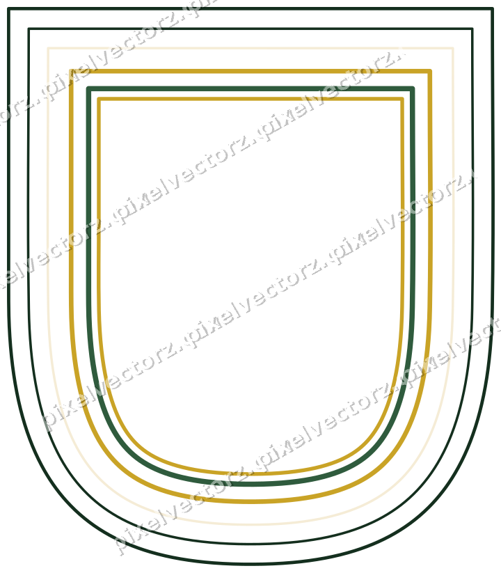Decorative line art frame in dark green and amber with shield