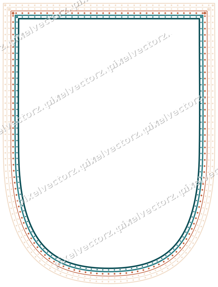 Decorative line art frame in dark teal and orange with shield