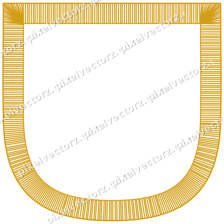 Decorative line art frame in amber and blue with shield and hatching