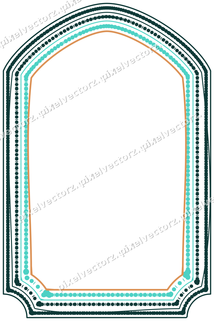 Decorative line art frame in orange and teal with label plaque