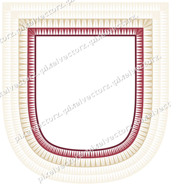 Decorative line art frame in dark pink and red with shield and dentil