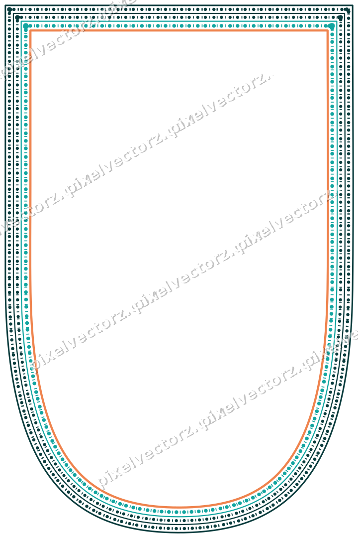 Decorative line art frame in orange and teal with shield