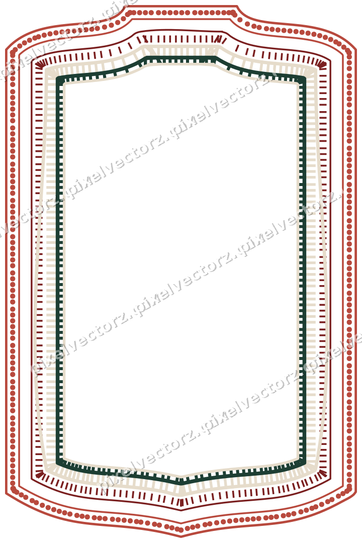 Decorative line art frame in dark red and dark green with label plaque