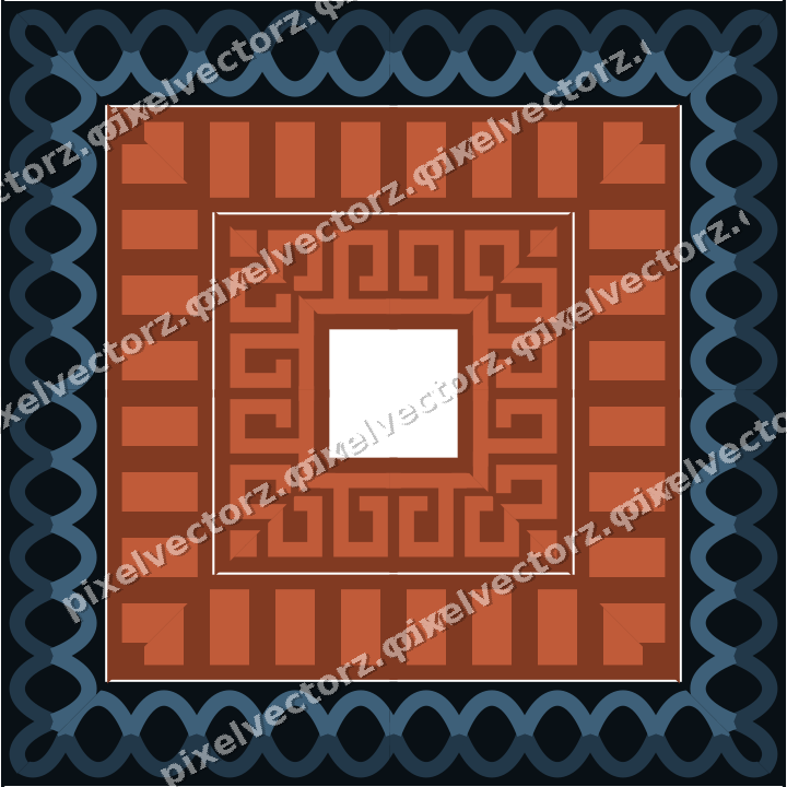Decorative picture frame border in orange and cyan with dentil