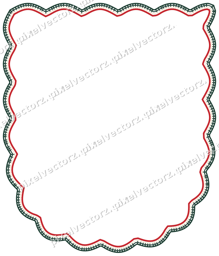 Decorative line art frame in dark green and red with shield