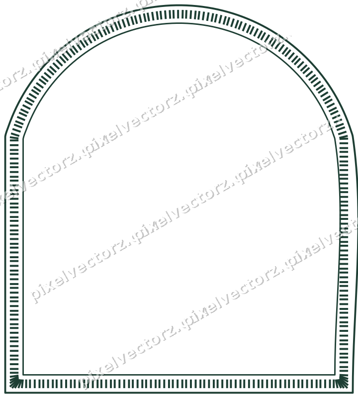 Decorative line art frame in dark green and red with label plaque