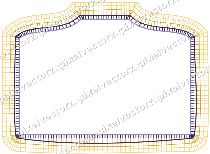 Decorative line art frame in amber and purple with label plaque