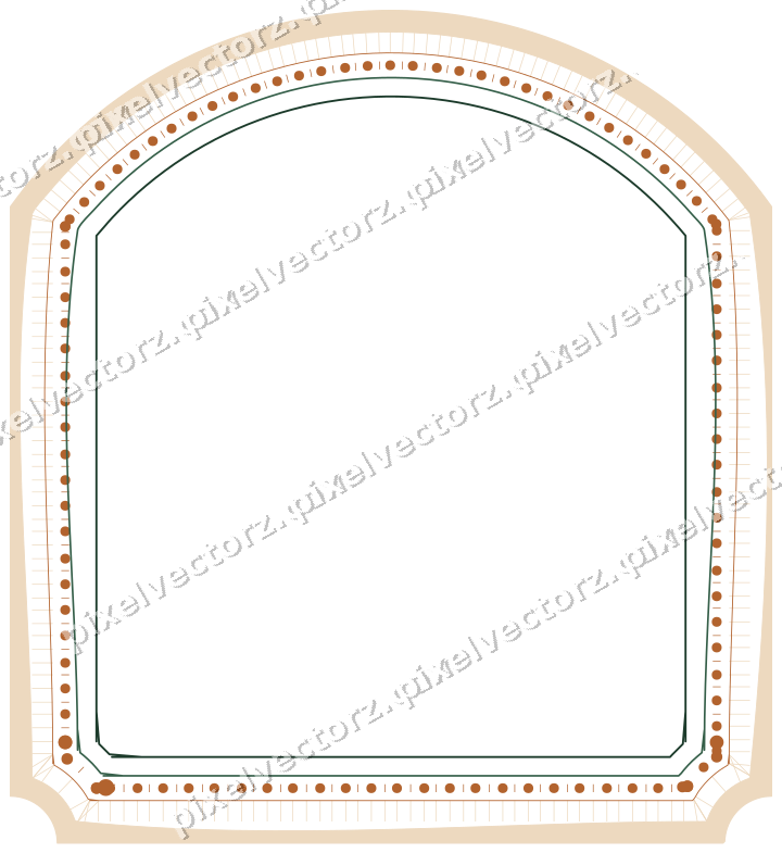 Decorative line art frame in dark green and orange with label plaque