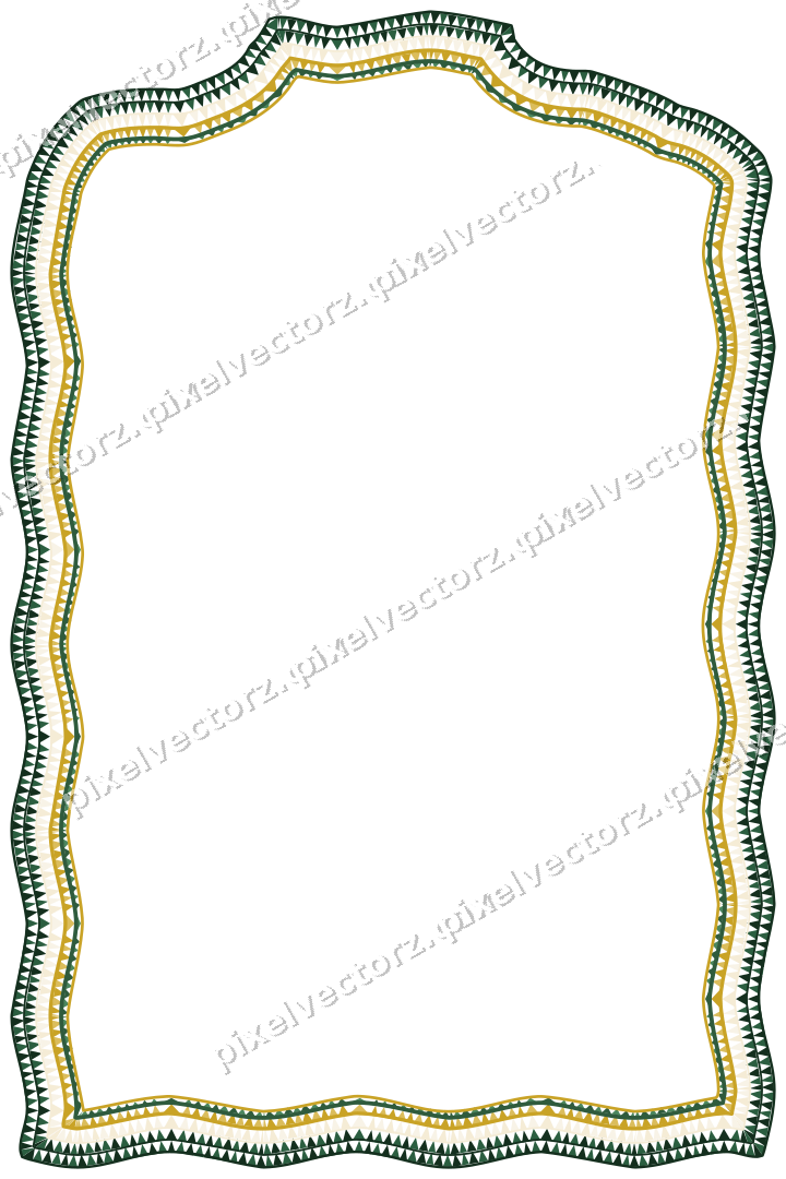 Decorative line art frame in dark green and amber with label plaque